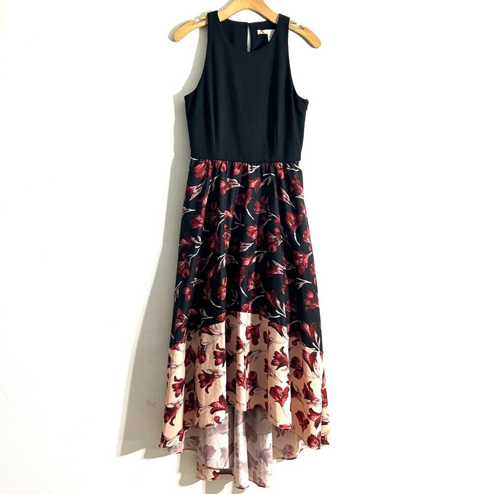 Anthropologie Black Bodice Floral Midi Dress with Cream Hem